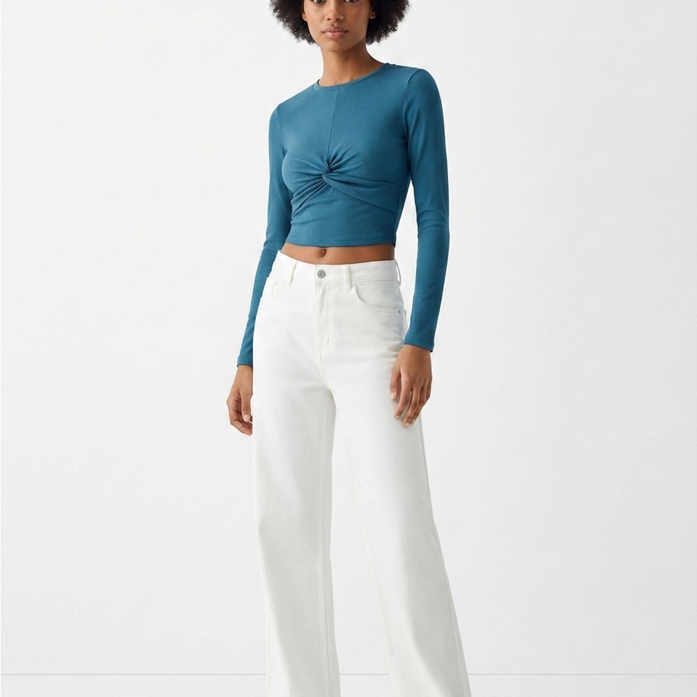 Bershka Teal Ribbed Long Sleeve Baby Tee Crop Top Size XS